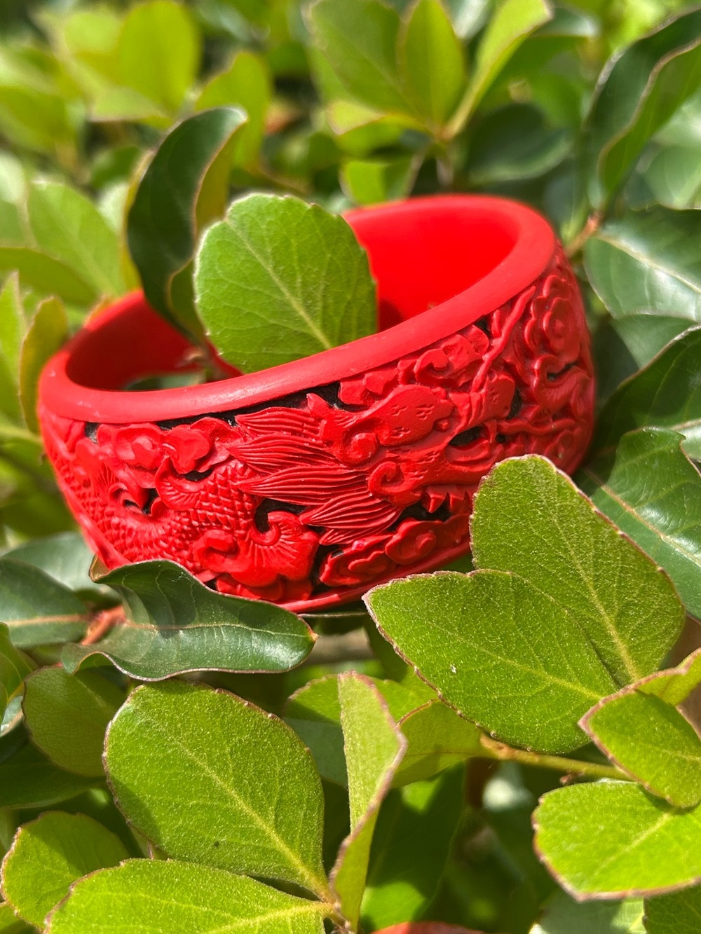 Vintage Chinese Red Carved Cinnabar Lacquer Dragon & Phoenix Bangle Bracelet